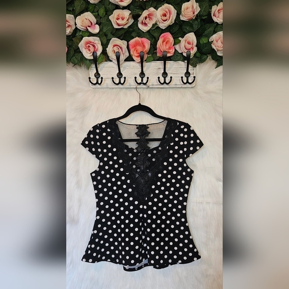 Mauve Retro Polka Dot, Lace & Mesh Peplum Blouse - Picture 3 of 7